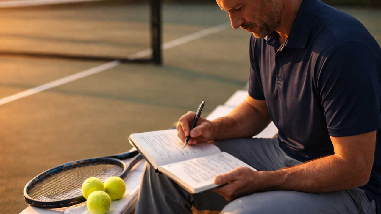 Tenisový trenér studuje zápisky a statistiky na lavičce vedle tenisového kurtu s raketou a míčky