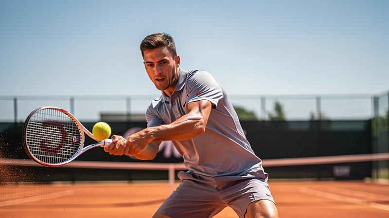 Tenisový hráč při úderu na antuce během setu s dynamickou změnou kurzů