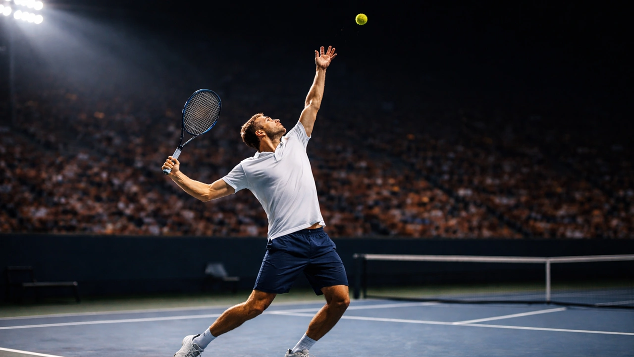 Tenista podává míček na osvětleném tenisovém kurtu s tvrdým povrchem během večerního zápasu