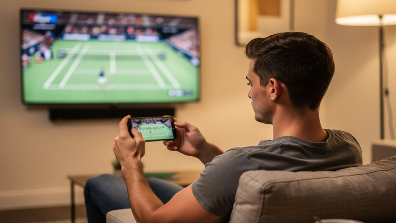 Muž sleduje tenisový zápas na mobilním telefonu v obývacím pokoji s tenisovým přenosem na obrazovce