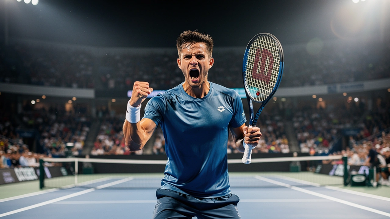 Tenista slaví vítězný bod zaťatou pěstí na centrálním tenisovém kurtu s diváky na tribunách