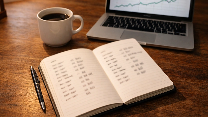 Otevřený zápisník s poznámkami o tenisových zápasech vedle notebooku se statistikami