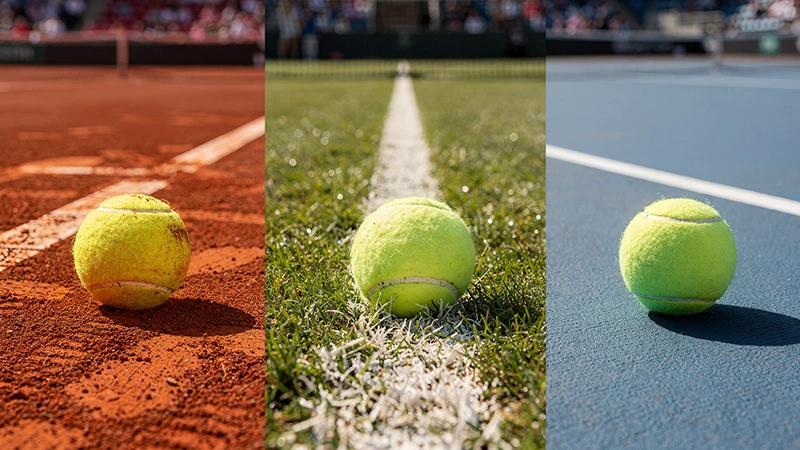 Rozdělený pohled na tři tenisové povrchy: antuka, tráva a tvrdý kurt s hráči