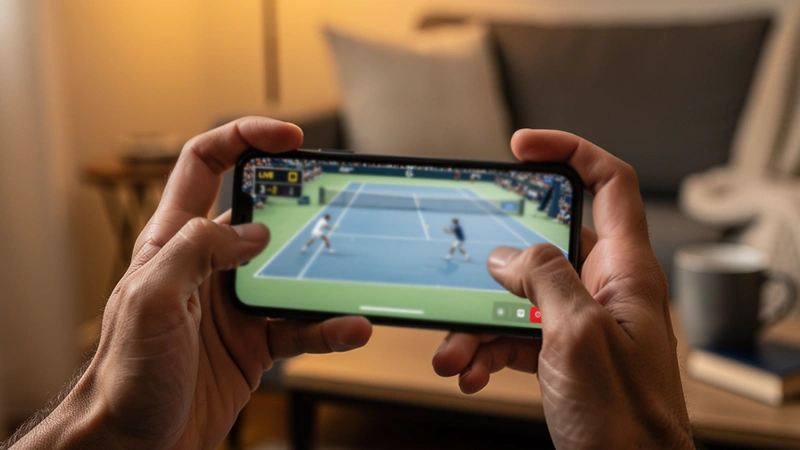 Osoba sledující tenisový zápas na mobilním telefonu s živým přenosem