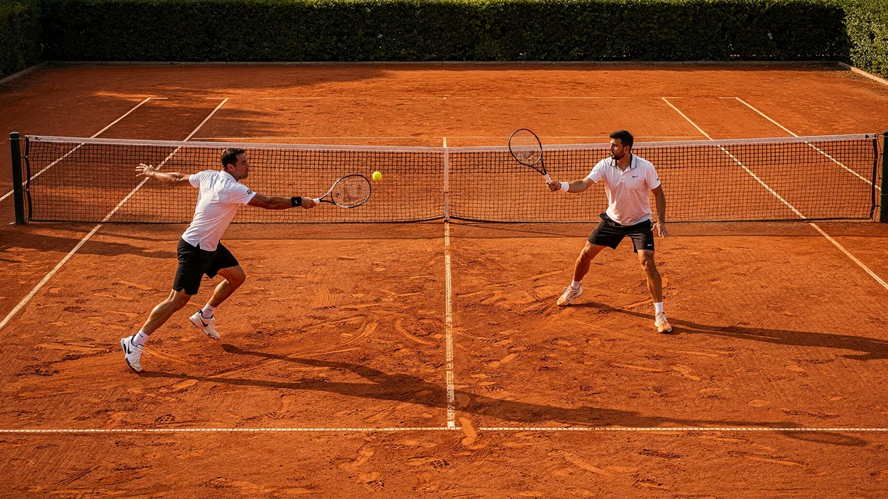Tenisový kurt s antukový povrchem zobrazený z výšky s hráči na obou stranách sítě během výměny